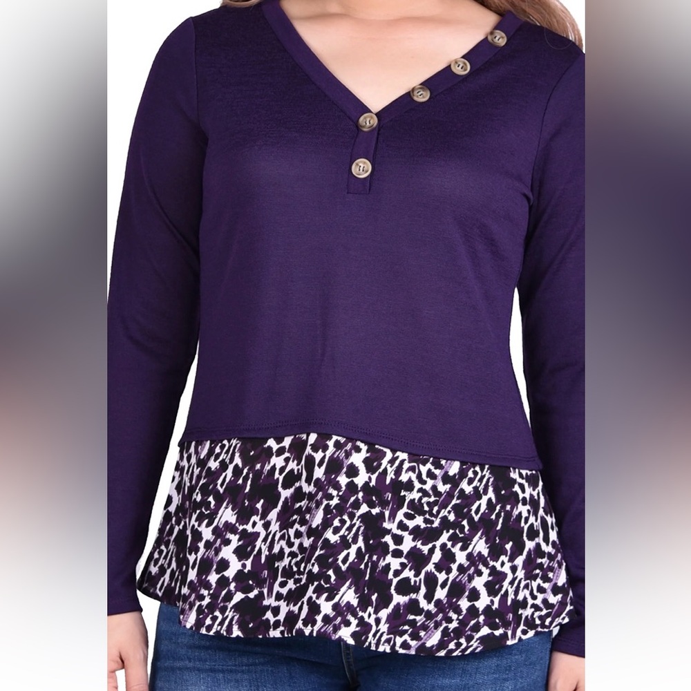 NY Collection Purple Long Sleeve Ruffled Blouse